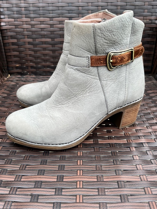 Dansko Shoes - Dansko Hartley Boots -Gray Leather Ankle Boots with Brown Buckle Strap